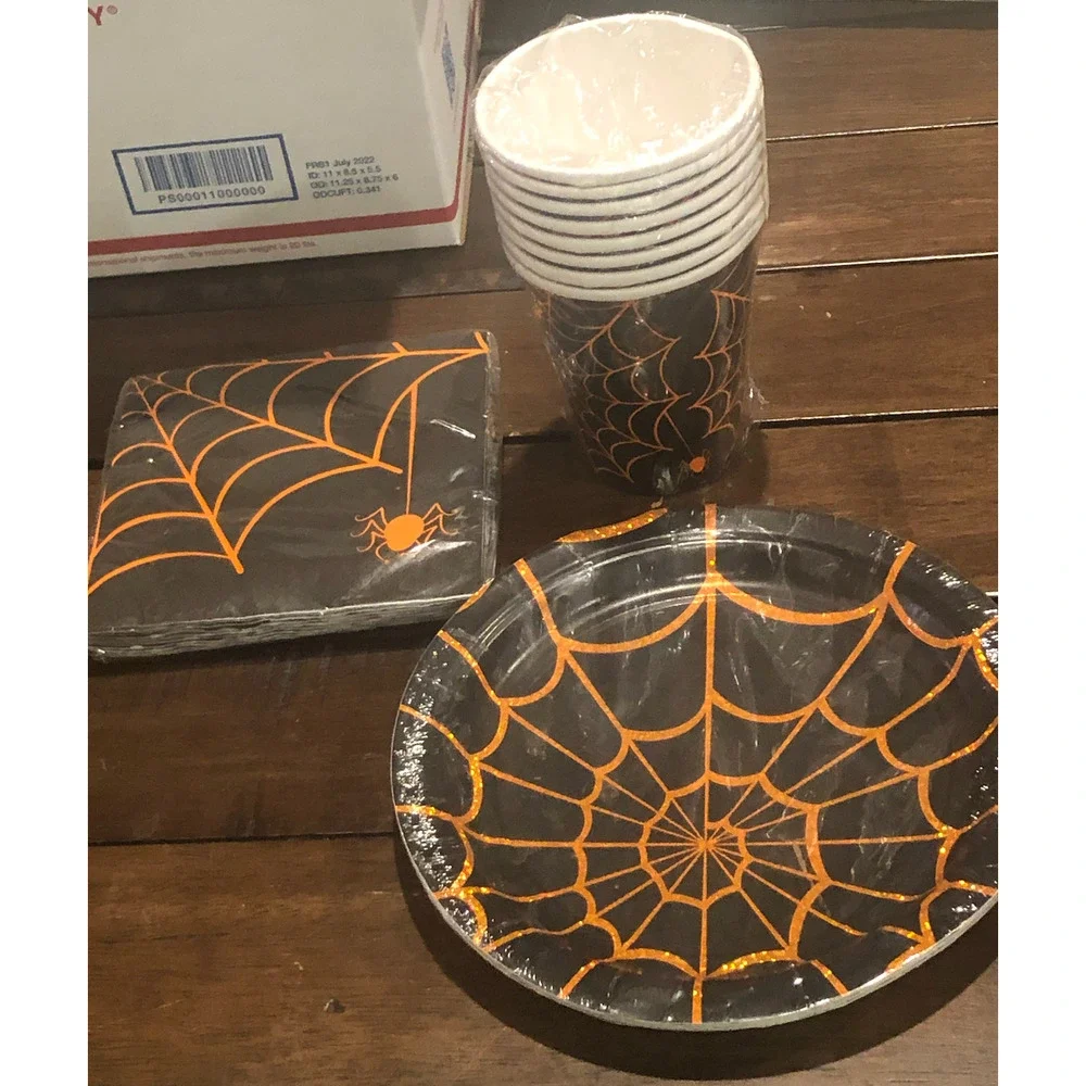 NWT HALLOWEEN PARTY Bundle Dessert Plates Napkins Cups Set Spider‎ Web Spider